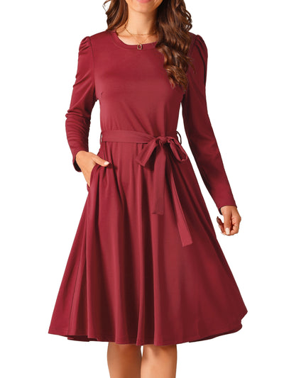 Women's Puff Long Sleeve Crewneck Knee Length Tie Waist Casual Dress with Pockets