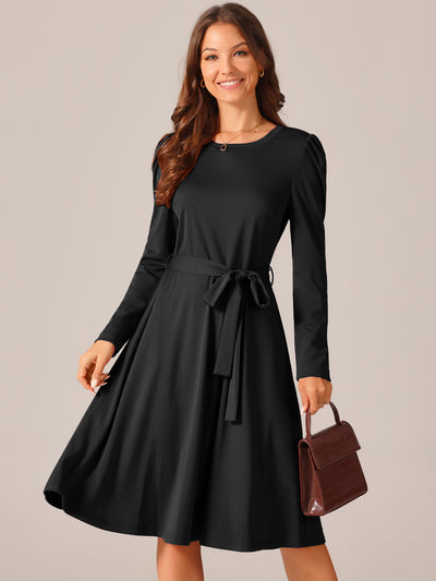 Women's Puff Long Sleeve Crewneck Knee Length Tie Waist Casual Dress with Pockets