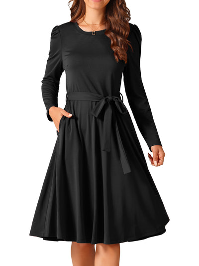 Women's Puff Long Sleeve Crewneck Knee Length Tie Waist Casual Dress with Pockets