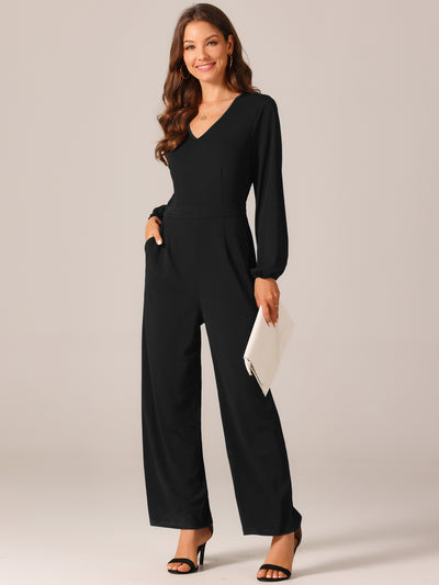 Bublédon Women's V Neck Long Sleeve High Waist Wide Leg Casual Jumpsuits with Pockets