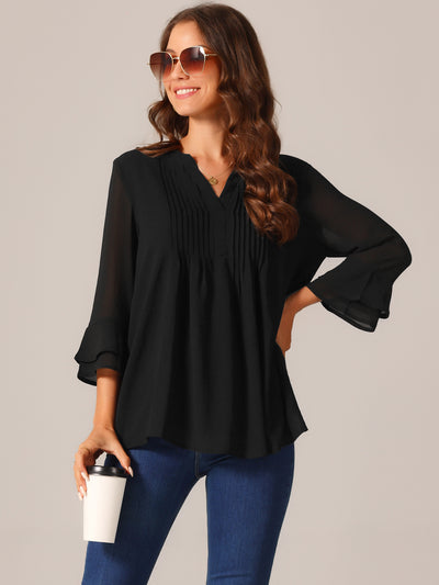 Bublédon Women's V Neck Solid Pintuck Top Double Ruffle 3/4 Sleeve Lightweight Casual Tops