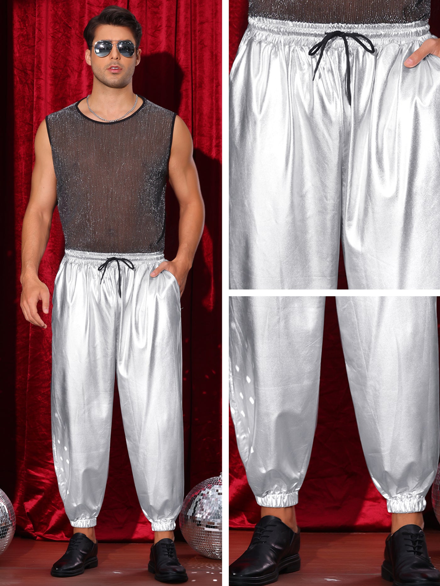 Bublédon Metallic Pants for Men's Elastic Waist Nightclub Party Disco Shiny Joggers