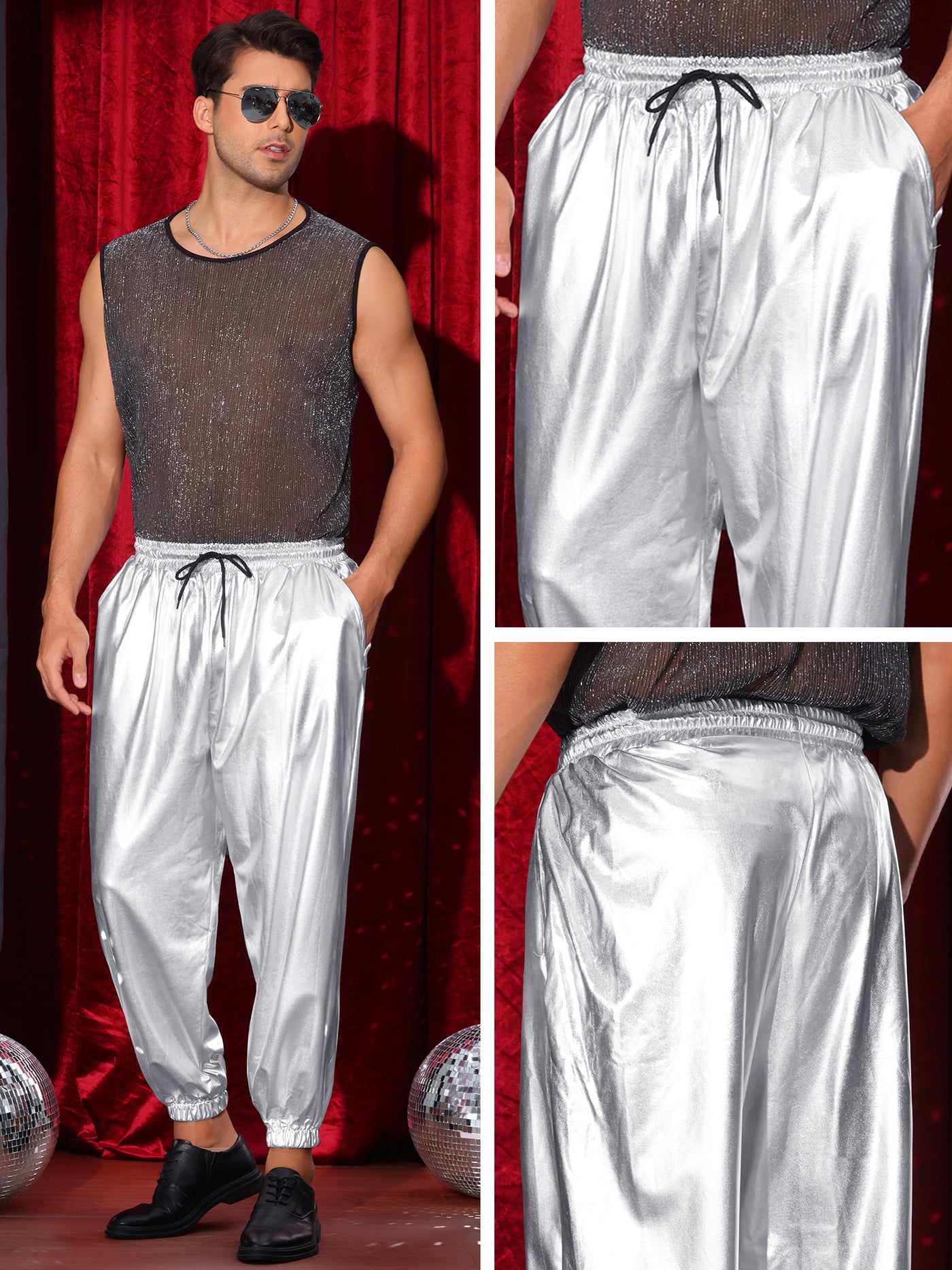 Bublédon Metallic Pants for Men's Elastic Waist Nightclub Party Disco Shiny Joggers