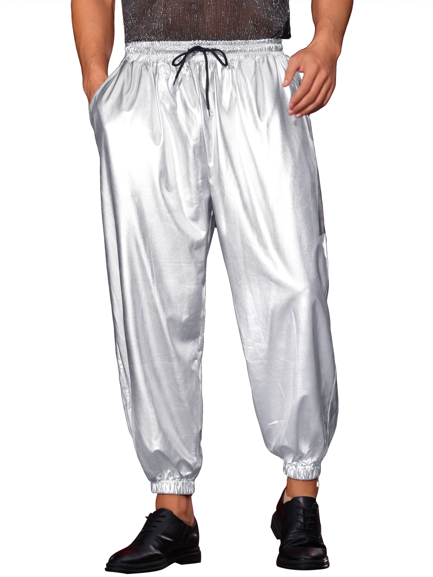 Bublédon Metallic Pants for Men's Elastic Waist Nightclub Party Disco Shiny Joggers