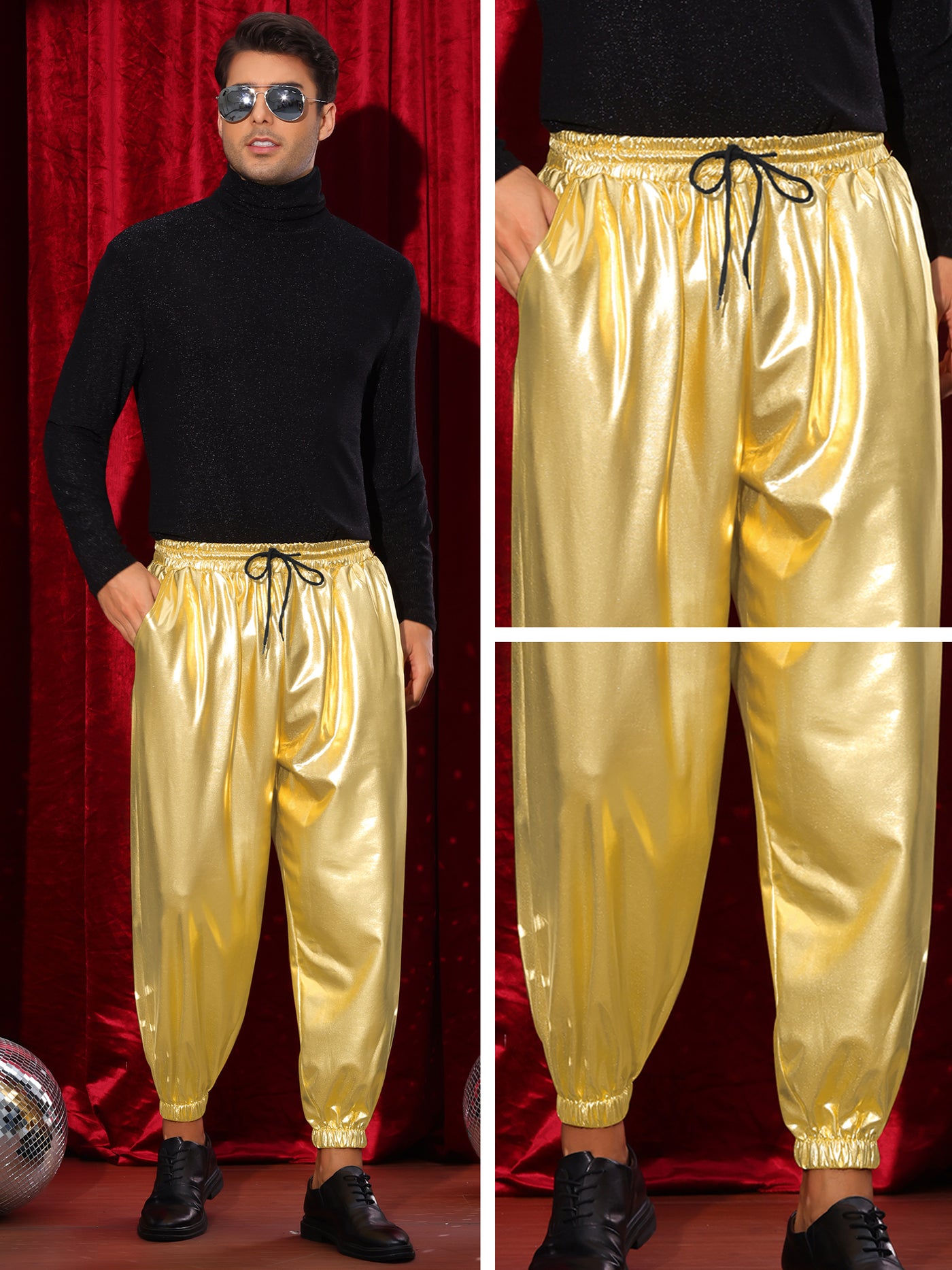 Bublédon Metallic Pants for Men's Elastic Waist Nightclub Party Disco Shiny Joggers