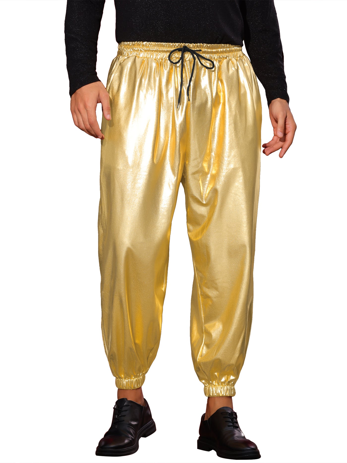 Bublédon Metallic Pants for Men's Elastic Waist Nightclub Party Disco Shiny Joggers