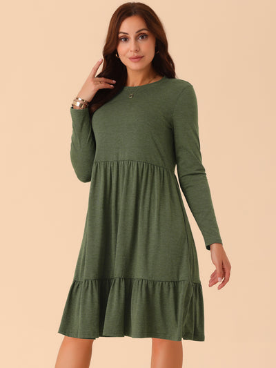 Women's Casual Babydoll Pockets Long Sleeve Round Neck Tiered a Line Flowy Dress