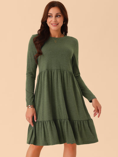 Women's Casual Babydoll Pockets Long Sleeve Round Neck Tiered a Line Flowy Dress