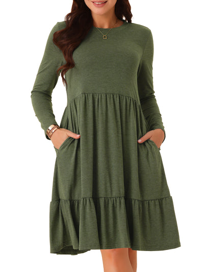 Women's Casual Babydoll Pockets Long Sleeve Round Neck Tiered a Line Flowy Dress