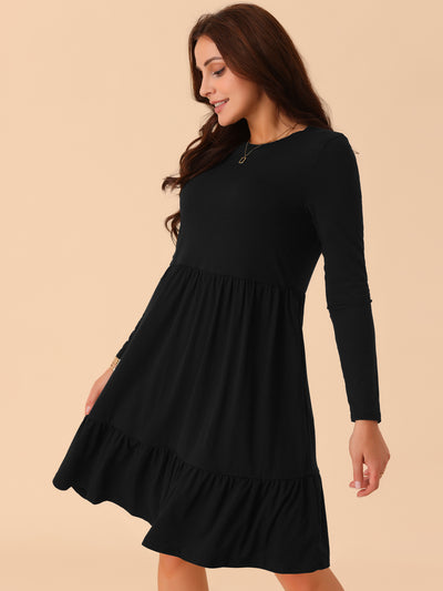 Women's Casual Babydoll Pockets Long Sleeve Round Neck Tiered a Line Flowy Dress