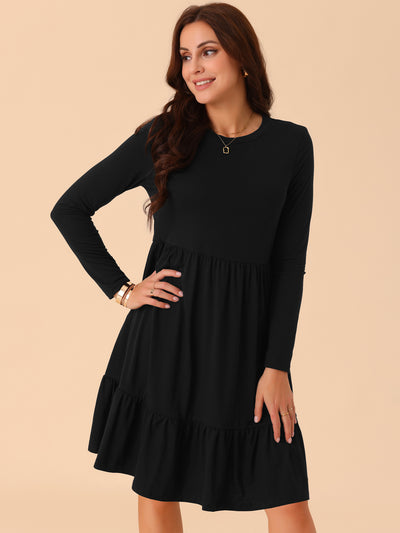 Women's Casual Babydoll Pockets Long Sleeve Round Neck Tiered a Line Flowy Dress