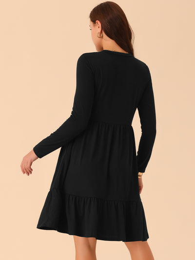 Women's Casual Babydoll Pockets Long Sleeve Round Neck Tiered a Line Flowy Dress