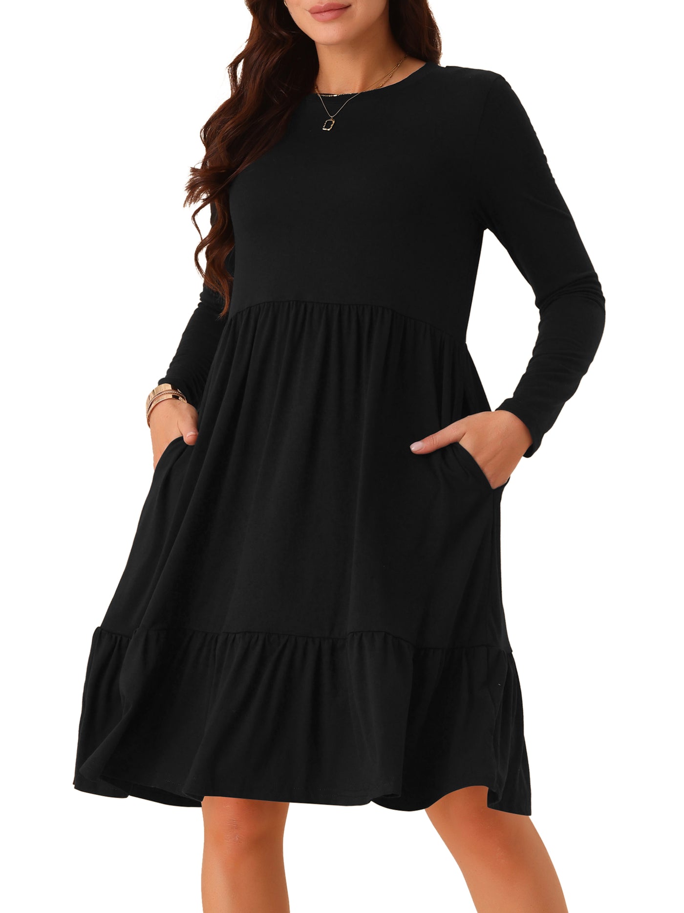 Bublédon Women's Casual Babydoll Pockets Long Sleeve Round Neck Tiered a Line Flowy Dress