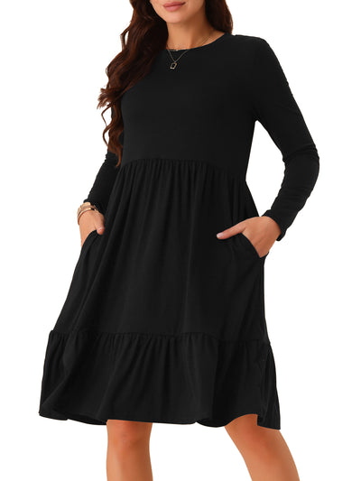 Women's Casual Babydoll Pockets Long Sleeve Round Neck Tiered a Line Flowy Dress