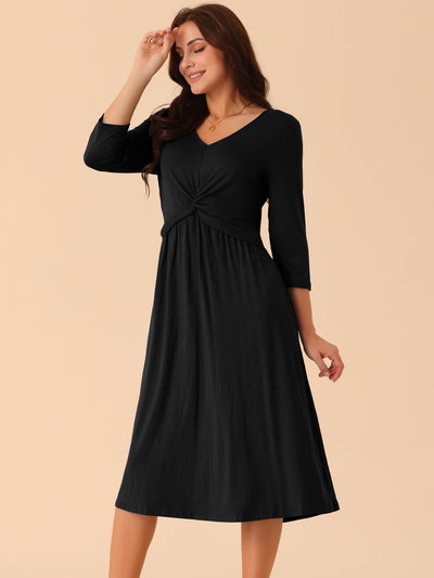 Women's Twist Knot Front V Neck 3/4 Sleeve Casual A-line Midi Dress with Pockets