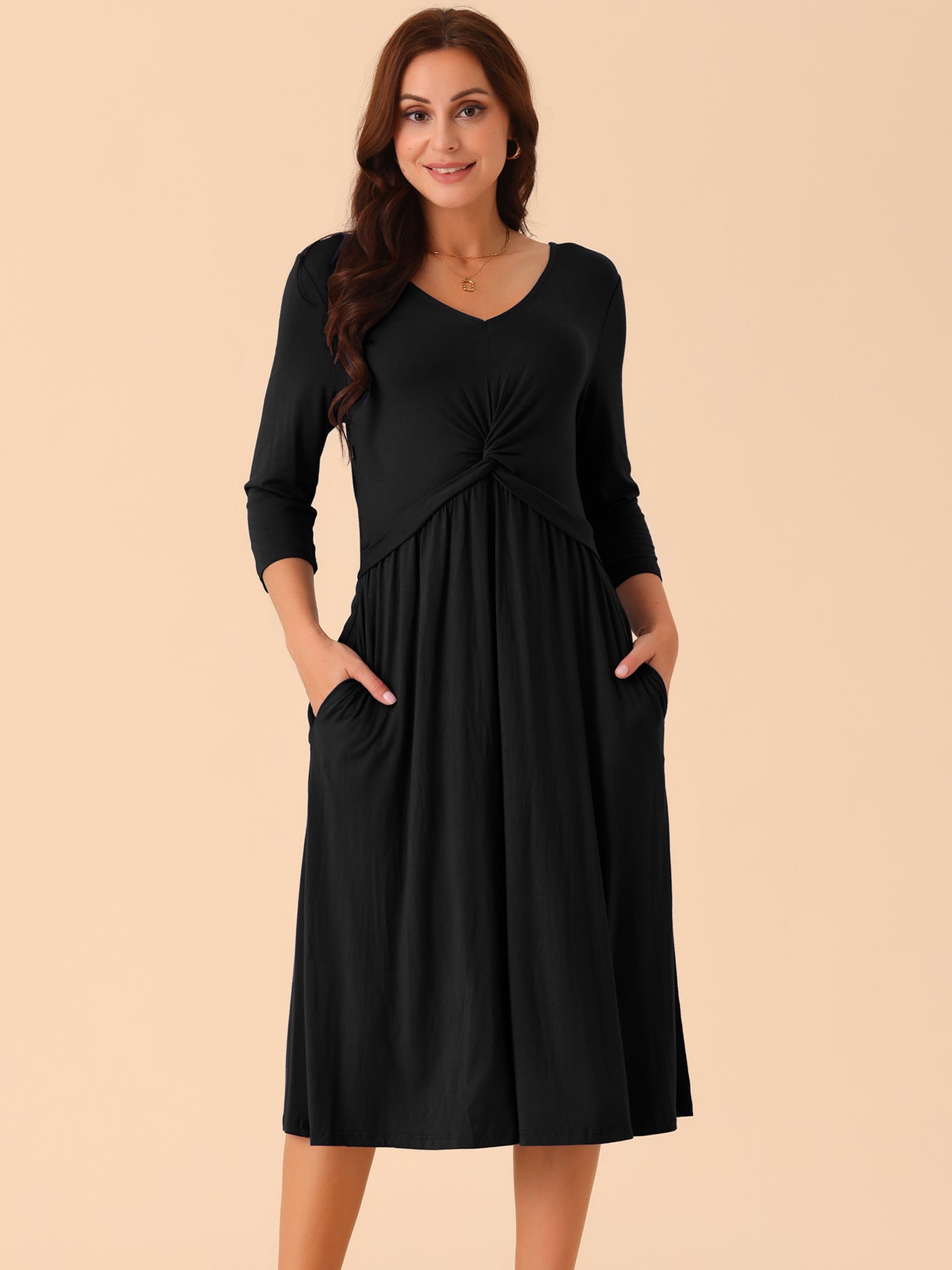 Bublédon Women's Twist Knot Front V Neck 3/4 Sleeve Casual A-line Midi Dress with Pockets