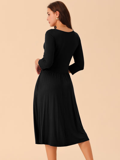 Women's Twist Knot Front V Neck 3/4 Sleeve Casual A-line Midi Dress with Pockets