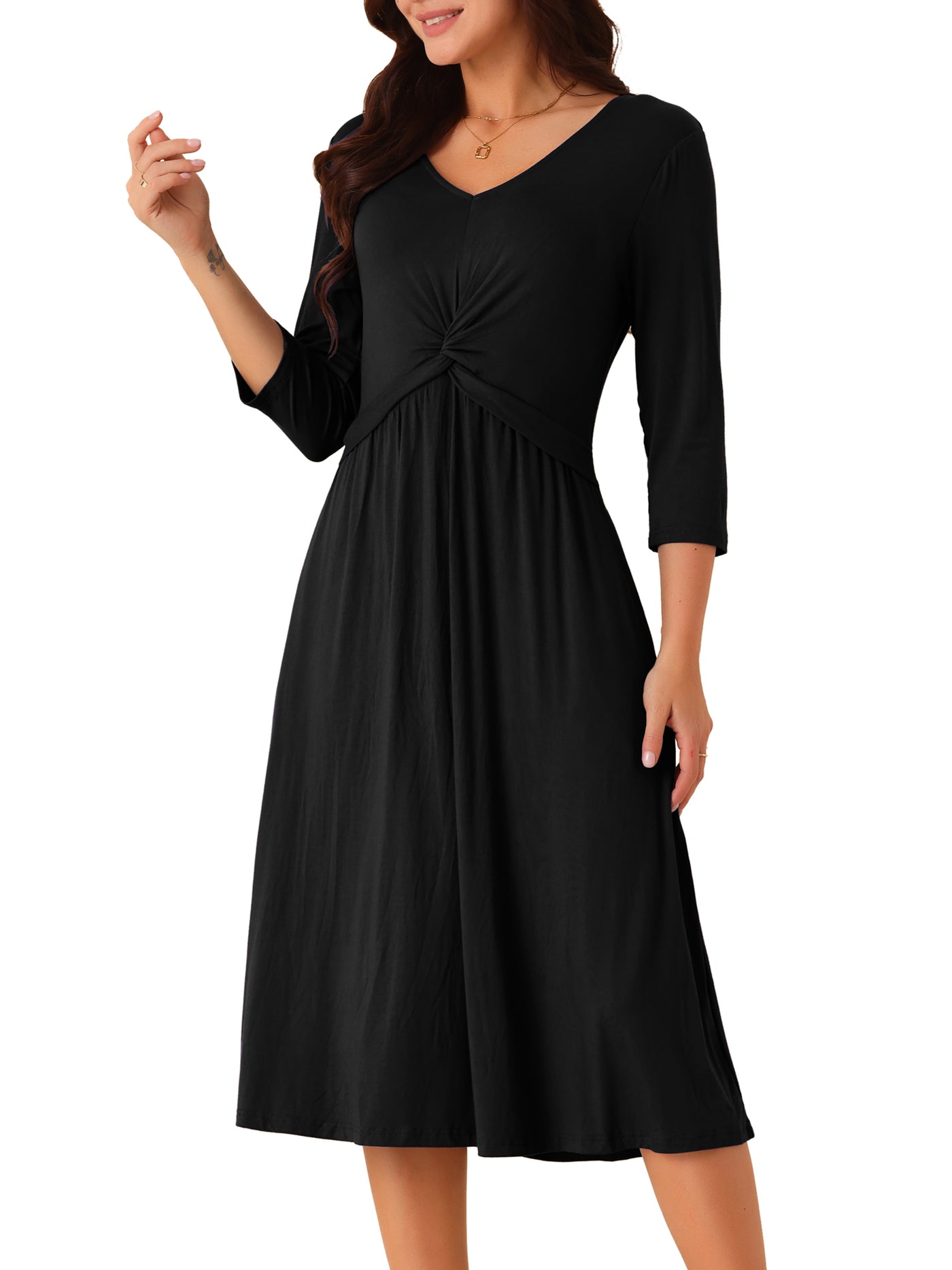 Bublédon Women's Twist Knot Front V Neck 3/4 Sleeve Casual A-line Midi Dress with Pockets