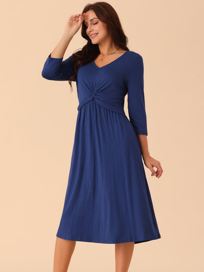 Women's Twist Knot Front V Neck 3/4 Sleeve Casual A-line Midi Dress with Pockets