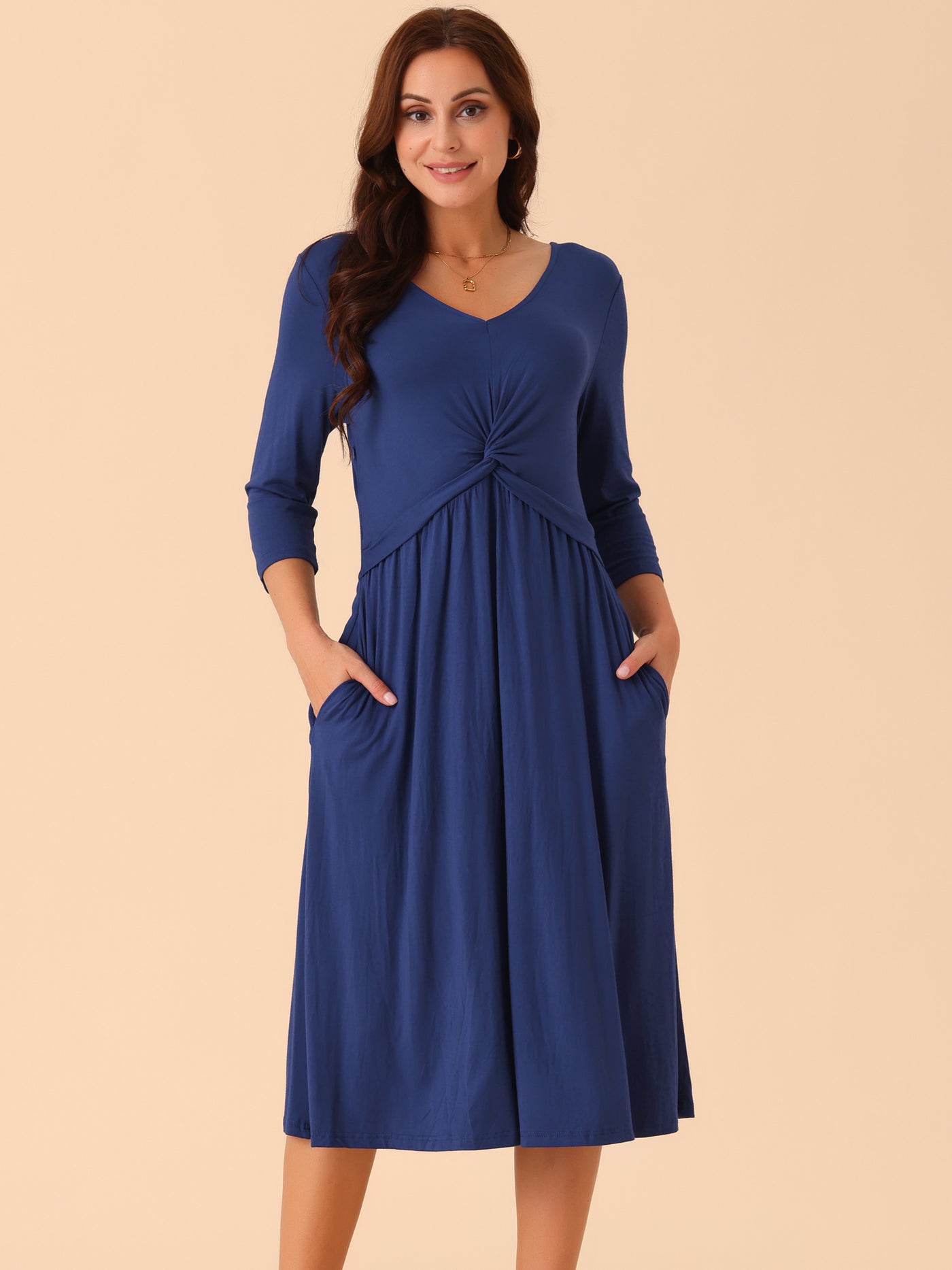 Bublédon Women's Twist Knot Front V Neck 3/4 Sleeve Casual A-line Midi Dress with Pockets