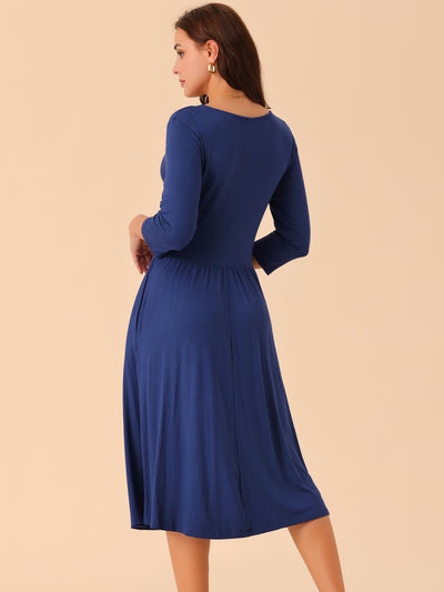 Women's Twist Knot Front V Neck 3/4 Sleeve Casual A-line Midi Dress with Pockets