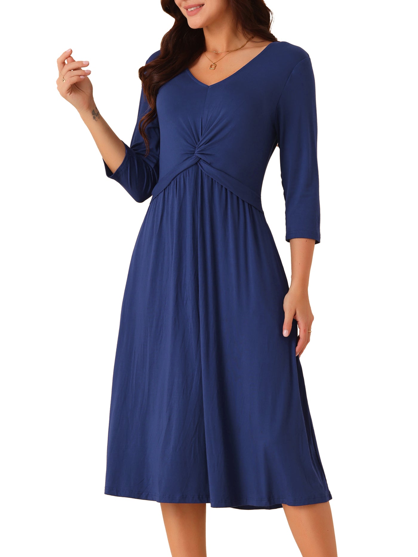 Bublédon Women's Twist Knot Front V Neck 3/4 Sleeve Casual A-line Midi Dress with Pockets