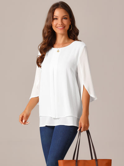 Bublédon Women's Casual Round Neck 3/4 Sleeve Double Layered Shirt Chiffon Blouse Tops