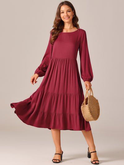 Women's Fall Casual Midi Dresses Crewneck Flowy Tiered Boho Long Dress with Pockets