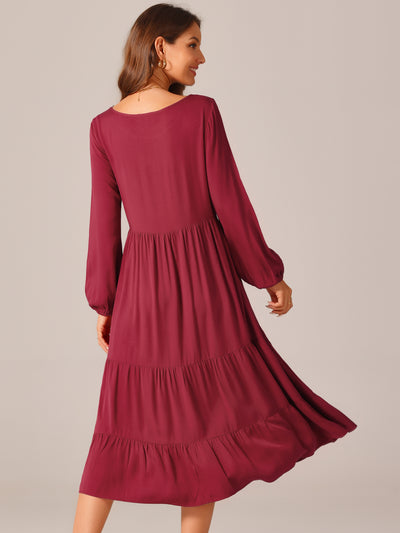 Women's Fall Casual Midi Dresses Crewneck Flowy Tiered Boho Long Dress with Pockets