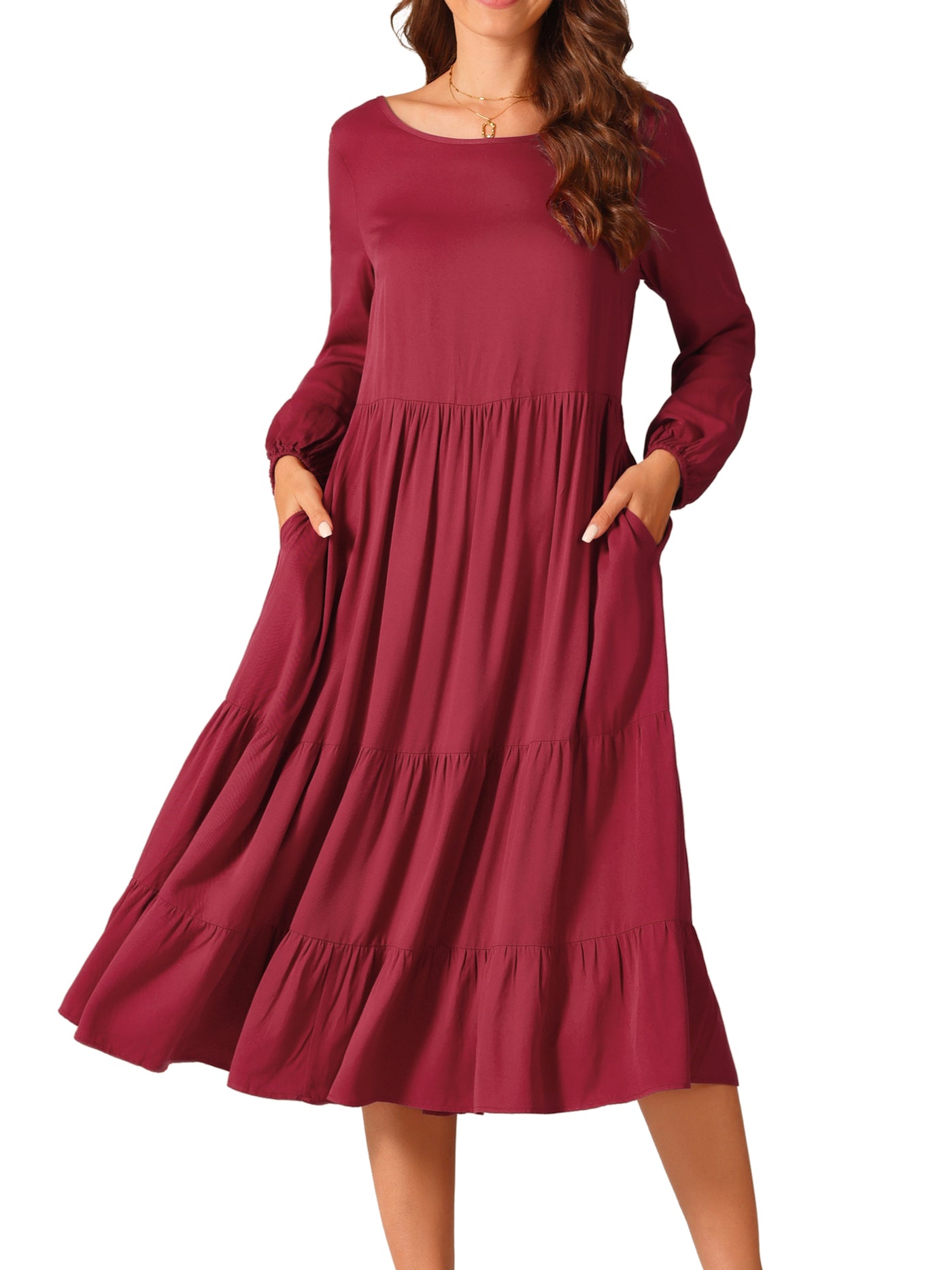 Bublédon Women's Fall Casual Midi Dresses Crewneck Flowy Tiered Boho Long Dress with Pockets