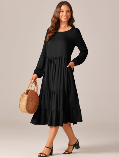 Women's Fall Casual Midi Dresses Crewneck Flowy Tiered Boho Long Dress with Pockets