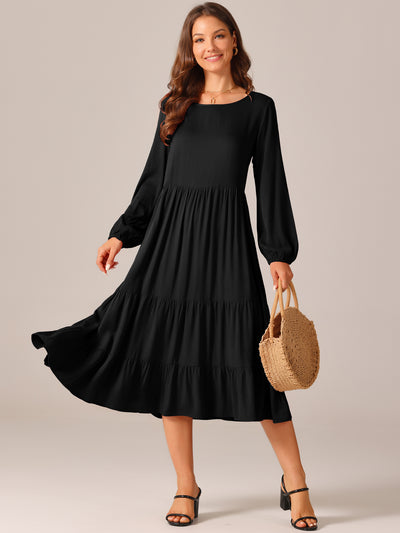 Women's Fall Casual Midi Dresses Crewneck Flowy Tiered Boho Long Dress with Pockets