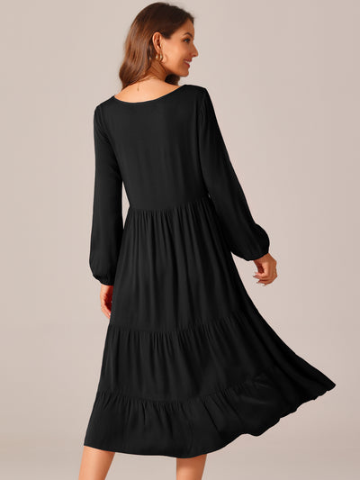 Women's Fall Casual Midi Dresses Crewneck Flowy Tiered Boho Long Dress with Pockets