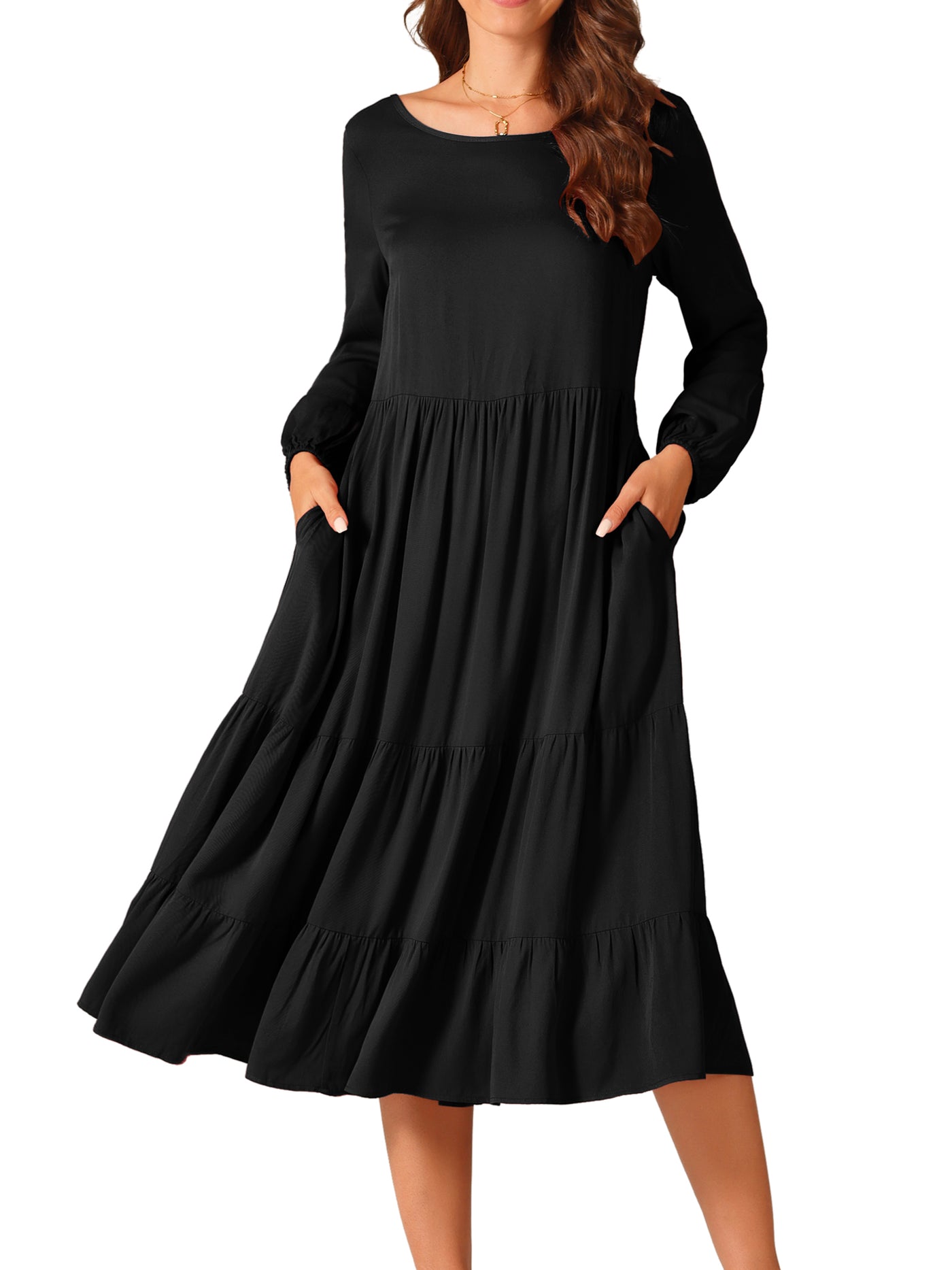 Bublédon Women's Fall Casual Midi Dresses Crewneck Flowy Tiered Boho Long Dress with Pockets