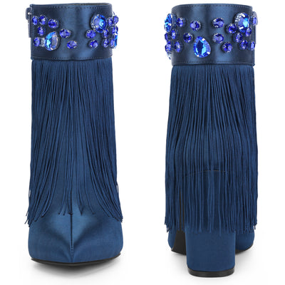 Pointed Toe Fringe Crystal Chunky Heel Ankle Boots for Women