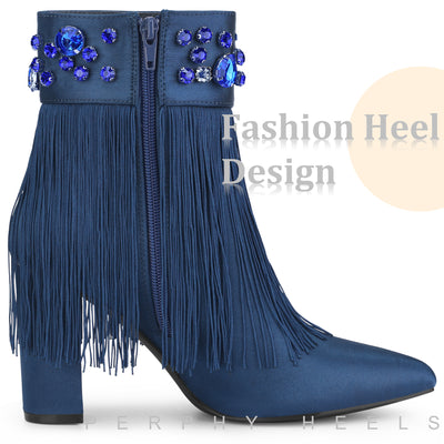 Pointed Toe Fringe Crystal Chunky Heel Ankle Boots for Women