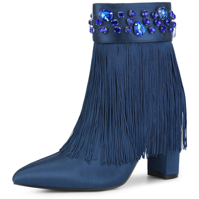 Pointed Toe Fringe Crystal Chunky Heel Ankle Boots for Women