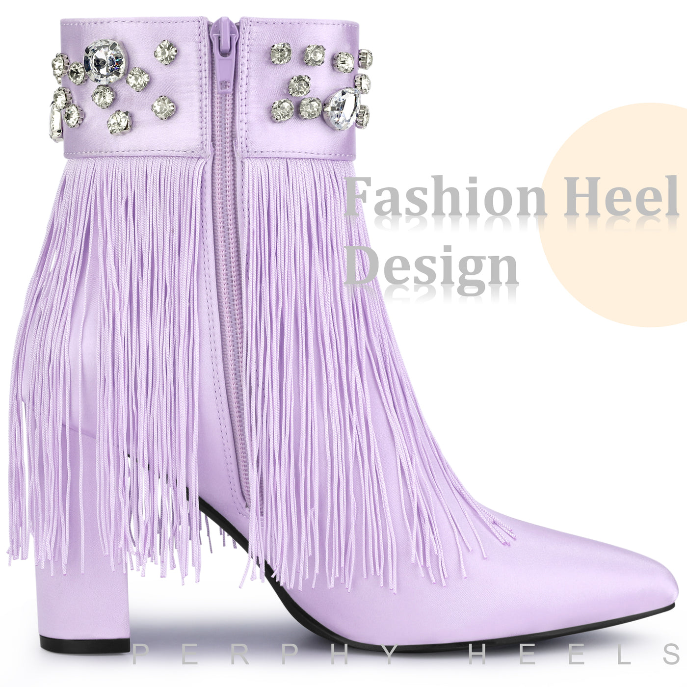 Bublédon Pointed Toe Fringe Crystal Chunky Heel Ankle Boots for Women