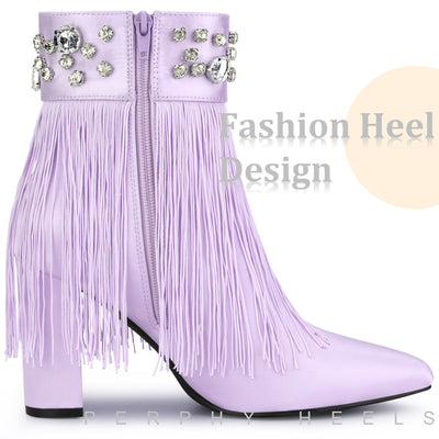 Pointed Toe Fringe Crystal Chunky Heel Ankle Boots for Women