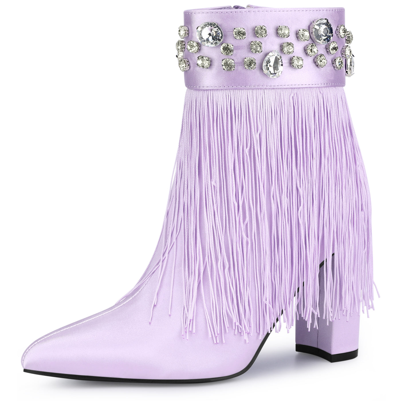 Bublédon Pointed Toe Fringe Crystal Chunky Heel Ankle Boots for Women