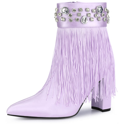 Bublédon Pointed Toe Fringe Crystal Chunky Heel Ankle Boots for Women