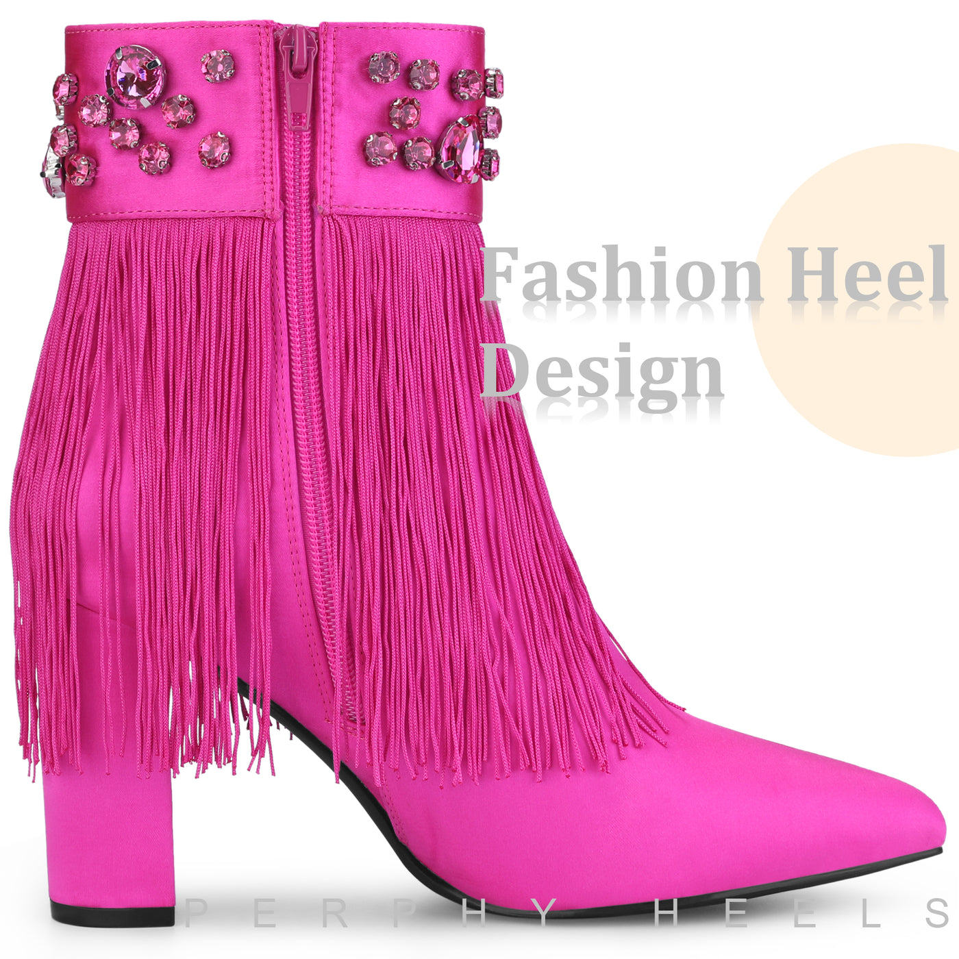 Bublédon Pointed Toe Fringe Crystal Chunky Heel Ankle Boots for Women