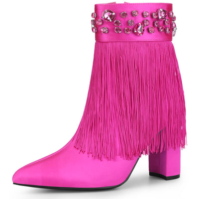 Pointed Toe Fringe Crystal Chunky Heel Ankle Boots for Women