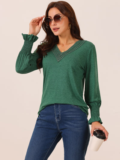 Women's V Neck Long Sleeve Smocked Cuff Simple Casual Tops Fall Winter Fashion T Shirt