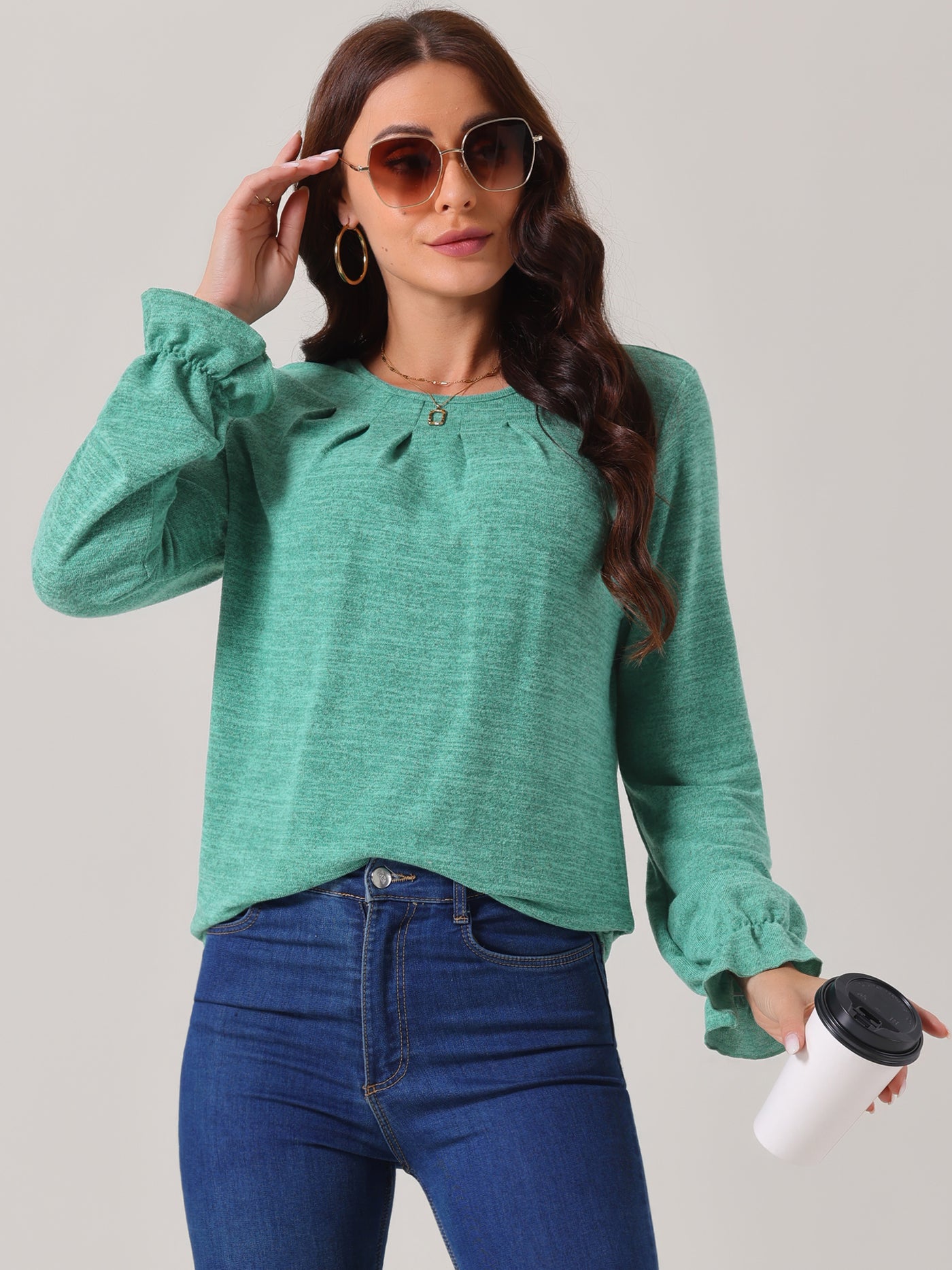 Bublédon Women's Fall Winter Crew Neck Long Sleeve Elastic Cuff Casual Blouse Tops