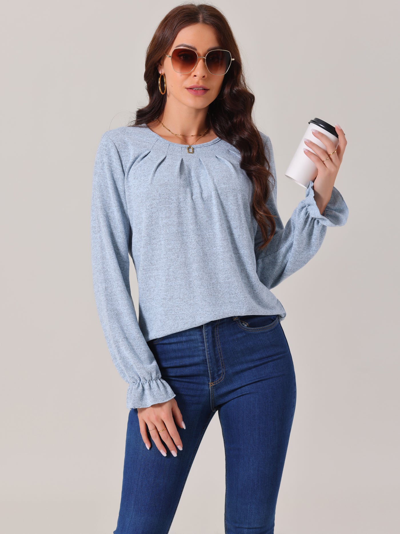 Bublédon Women's Fall Winter Crew Neck Long Sleeve Elastic Cuff Casual Blouse Tops