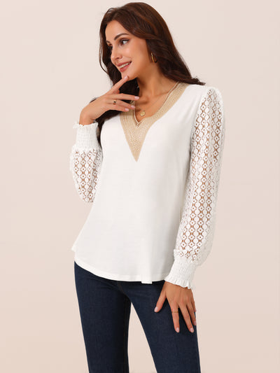 Women's Lace V Neck Long Sleeve Simple Casual Tops Fall Winter Fashion T Shirt