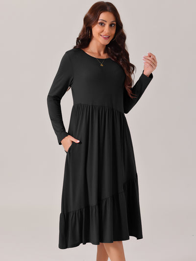 Women's Fall Long Sleeve Dress Crewneck Casual Loose Pleated Tiered Swing Midi Dresses with Pockets