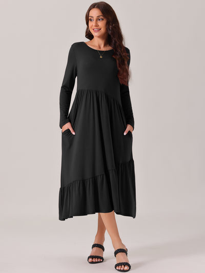 Women's Fall Long Sleeve Dress Crewneck Casual Loose Pleated Tiered Swing Midi Dresses with Pockets