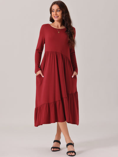 Women's Fall Long Sleeve Dress Crewneck Casual Loose Pleated Tiered Swing Midi Dresses with Pockets